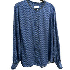 Susan Graver Women's Black Blue Ruffled Collar Blouse Sz 16 Chevron Long Sleeve